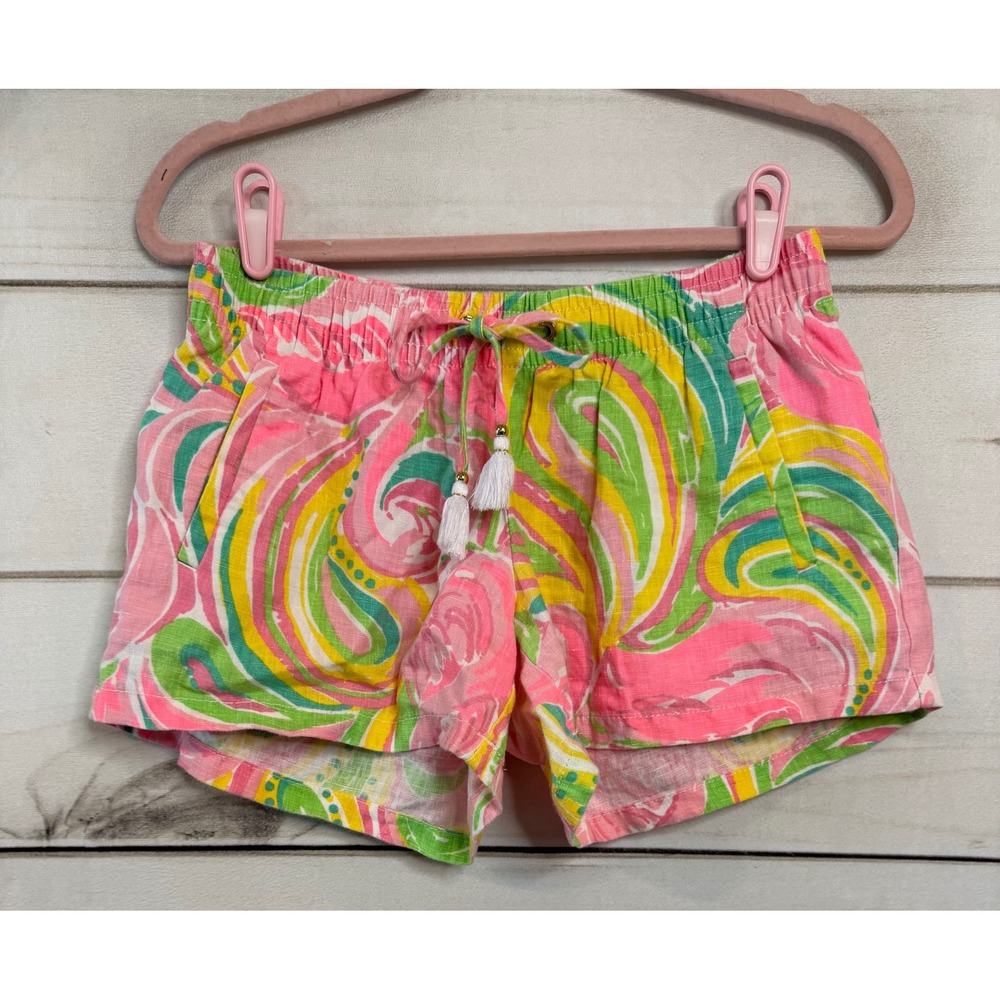 Lilly Pulitzer Women Pink Green Linen Tassel Drawstring Shorts Size S
